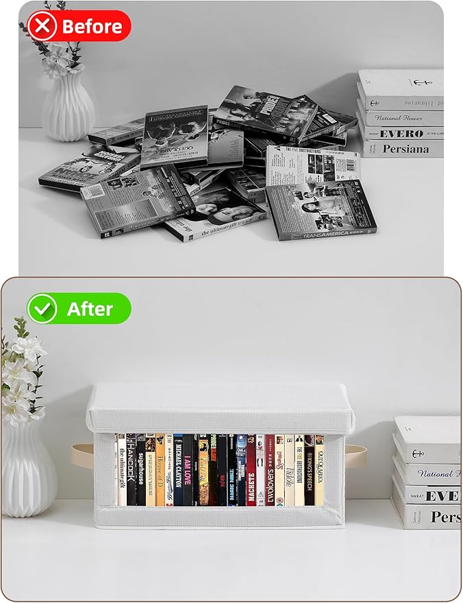 4 Pack DVD Storage Box with Visible Window, Dustproof CD/DVD Case Holder Organizer Rack Can Hold Up to 104 DVD, Blu-ray & CD Storage, Stackable and Lid Design –White