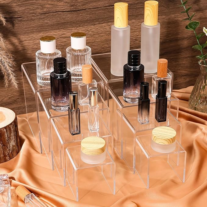 8 Pcs Square Acrylic Display Risers, 2 Sets 4 Sizes Tall Acrylic Risers Display Stands, 0.12" Thick Clear Risers for Displays, Clear Display Shelf for Figure Action Jewelry Showcase