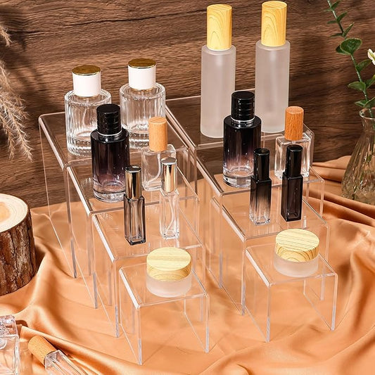 8 Pcs Square Acrylic Display Risers, 2 Sets 4 Sizes Tall Acrylic Risers Display Stands, 0.12" Thick Clear Risers for Displays, Clear Display Shelf for Figure Action Jewelry Showcase