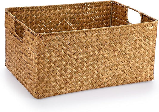 Hipiwe Seagrass Storage Baskets Bin for Shelf Handwoven Wicker Baskets Built-in Handles Rectangular Closet Bedroom Organizer Box Multipurpose Woven Basket Bins,14.6"x 10.6"x 7.1"