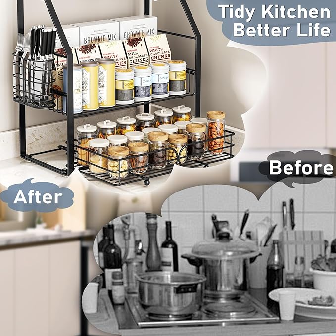 Spice Rack Organizer for Cabinet, 3 Tier Black Countertop Organizer Small Spice Rack, Kitchen Spice Shelf Organizer for Cabinet, Pantry, Bathroom, Bedroom, Coffee Station