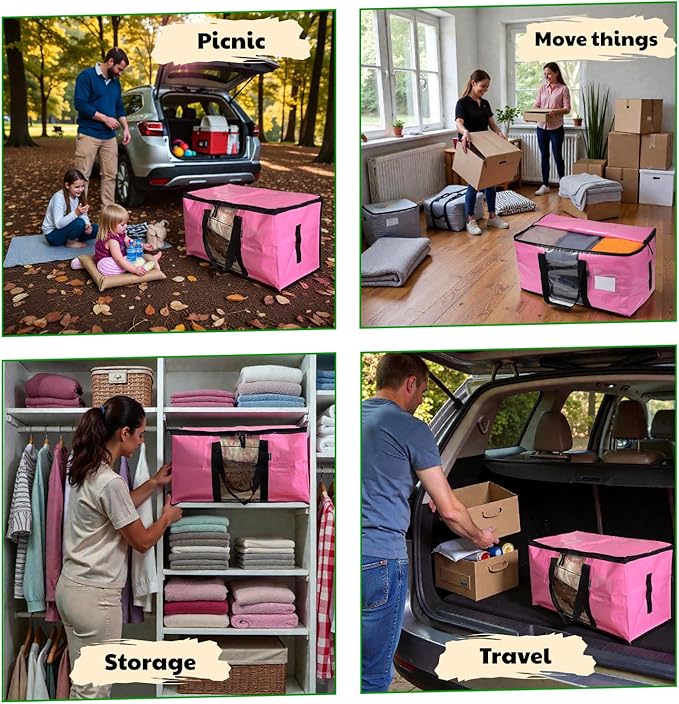 LALABAG 6-Pack Extra Large Heavy Duty Moving Bags with Zippers & Reinforced Handles - Pink Clothes Storage Bags, Oversized Packing Totes for Moving & Organizing