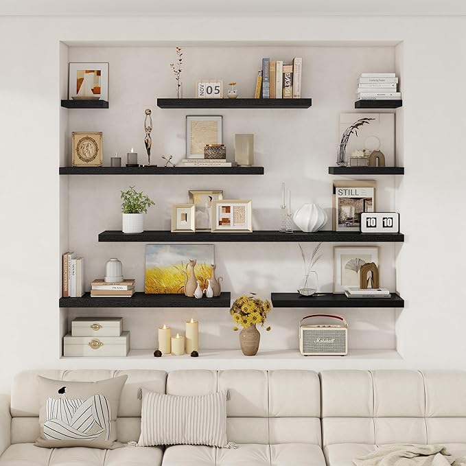 Fun Memories 12 Inch Deep Floating Shelves for Wall, 20 Inch Long Wall Mounted Storage Shelf with Invisible Brackets, 3 Pack Hanging Wood Shelf for Farmhouse, Bedroom, Kitchen, Living Room, Black