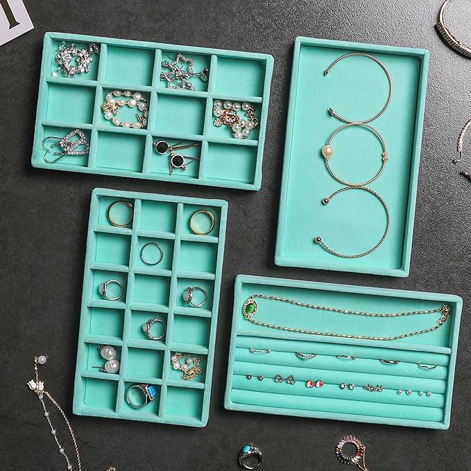 Frebeauty Jewelry Organizer Tray,Stackable Velvet Jewelry Trays,Drawer Inserts Earring Organizer For Women Jewelry Storage Display Case for Rings Stud Necklaces,Set of 4(Turquoise)