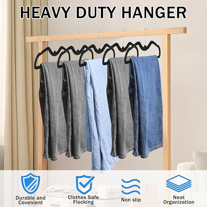 30 Pack Pants Hangers Non Slip, Velvet Hanger for Closet with 30 Hooks, Durable Strong Slimline Space Saving Pants Hanger, Ultra Thin Flocked Hangers for Pants/Shirts/Bra/Shorts (Black)