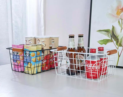 Wire Kitchen Storage Basket 4 Packs,Perfect Pantry Organization Accessories Baskets,Laundry Basket,With a Wooden handle,Suitable for Kitchen,Bathroom,Bedroom,Tabletop,Stackable,White