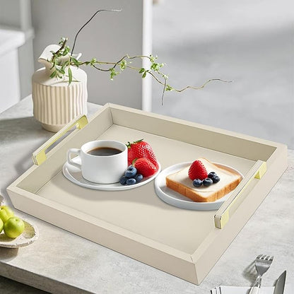Decorative Tray for Coffee Table, Serving Tray with Handles for Ottoman, 16"x12" Large Rectangular Tray Leather Serving Trays for Home Decor, Living Room, Kitchen, Bedroom - Cool Gray