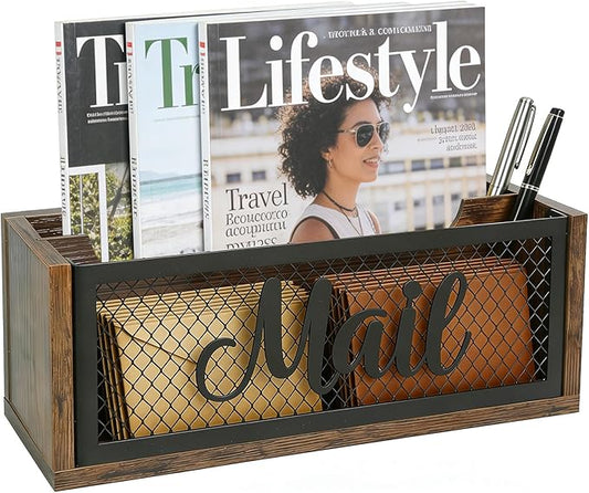 Mail Organizer Countertop, Rustic Farmhouse 2-Slot Wood & Iron Mail Holder, Retro Wall Mounted or Desk Entryway Letter Bill Envelope Sorter, No Assembly