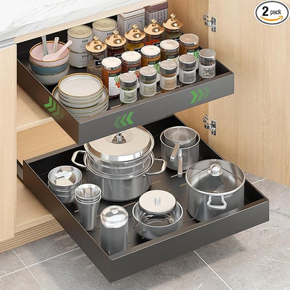 Expandable Pull-Out Cabinet Organizer - Black, 21" D x Adjustable Width 12.6-20.47", No Drill Adhesive Installation with 3-Slide Rails for Kitchen Storage (2 Pack)