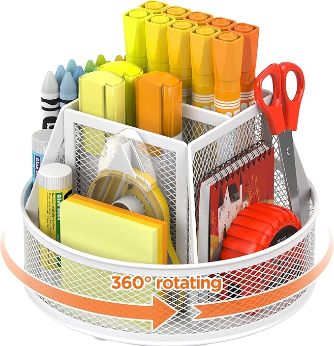 Docnest Mesh 360 Degree Rotating Pen Holder with 6 Compartment,Metal Pencil Cup Art Supply Storage Box Caddy,Teacher Stationery and Dorm Supplies Desk Organizer for Pencil,Sticky Note,Scissors-White