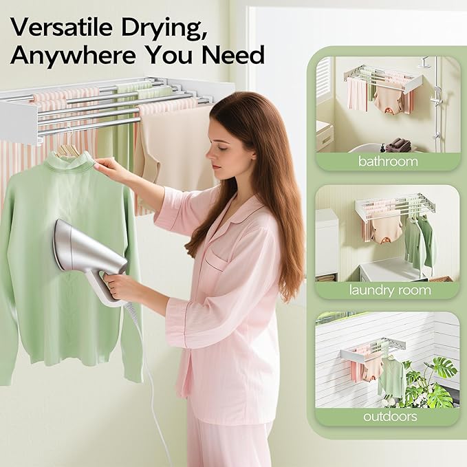 Wall Mounted Clothes Drying Rack 32", Foldable Wall Mount Laundry Rack Folding Indoor, Drying Rack Clothing Collapsible, Hidden Space Saver with Wall Template, 5 Rods, White