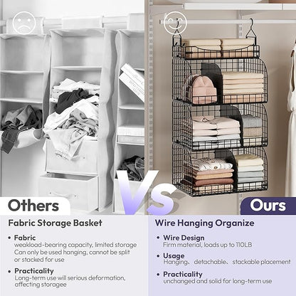 SWTYMIKI Hanging Closet Organizer Storage - 4 Tier Metal Stackable Hanging Closet Shelves with Dividers and S Hooks, Foldable Clothes Shelves for Clothes, Pants, Shoes, Coat, Hats Clutches Accessories