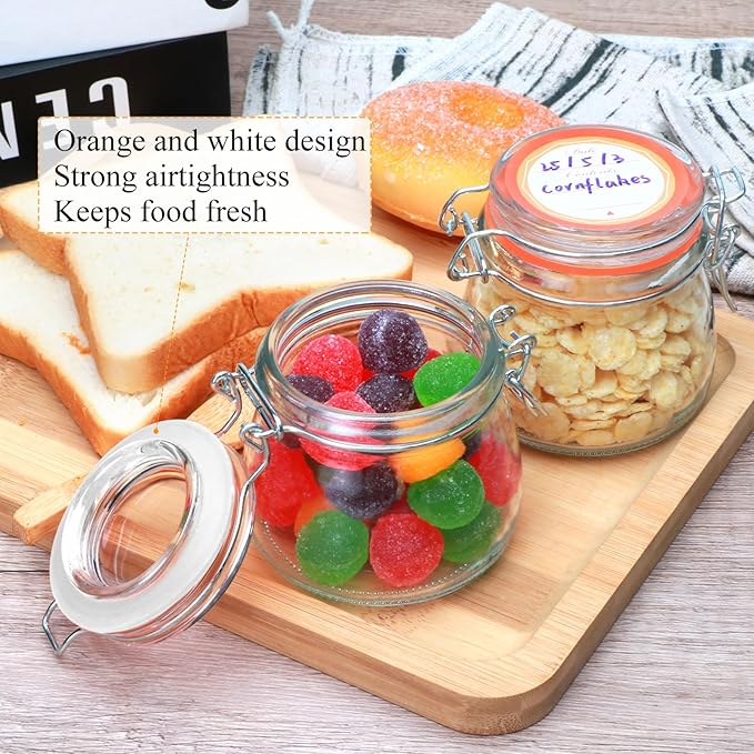 Flrolove 5oz 6pack Glass Jars with Airtight Lid, Glass Food Storage Containers with Lids, Mason Jars, Wire Clip Fastening for Cereal, Flour, Cookie, Spice, Honey, Kitchen Canning