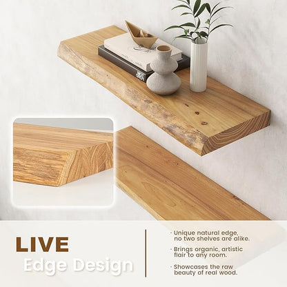 Live Edge Elm Floating Shelves for Wall Decor, Rustic Solid Wood Shevles Wall Mounted with Invisible Bracket for Living Room Bathroom Bedroom Kitchen, 24 Inch Set of 2, Natural