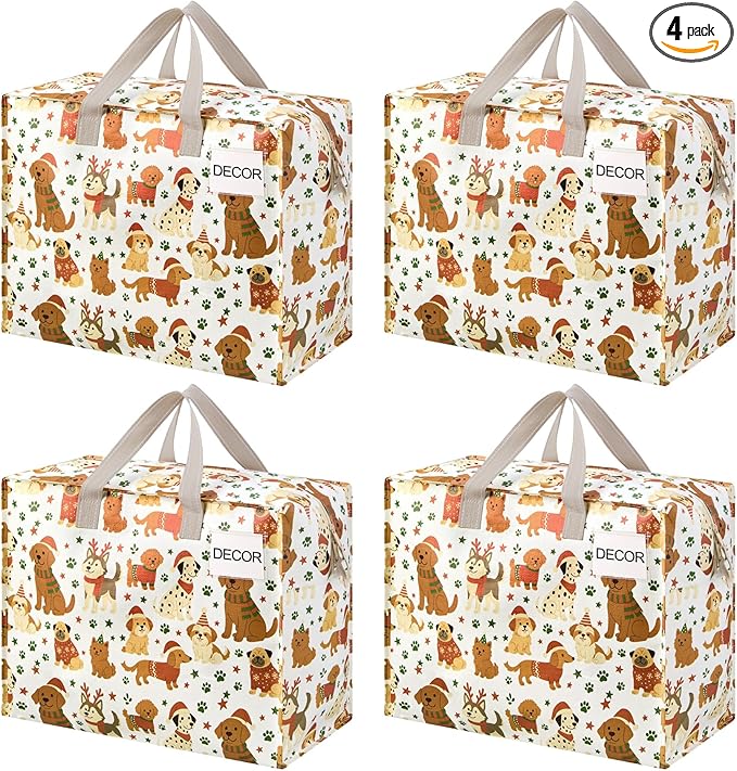 VENO 4 Pack Heavy Duty Moving Bags, Storage Bags, Packing Supplies, Top Zipper, Storage Totes for Camping, Clothes, Bedding, Comforters, Pillows, Christmas Pattern (13 Gallon, Holiday Pups, 4 Pack)