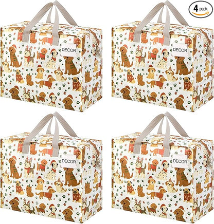 VENO 4 Pack Heavy Duty Moving Bags, Storage Bags, Packing Supplies, Top Zipper, Storage Totes for Camping, Clothes, Bedding, Comforters, Pillows, Christmas Pattern (13 Gallon, Holiday Pups, 4 Pack)