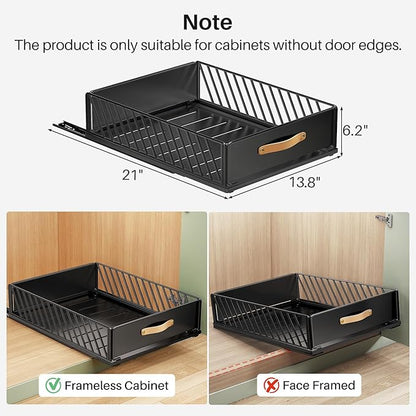 Pull out Cabinet Organizer Fixed with Adhesive Nano Film,Heavy Duty Slide out Pantry Shelves Drawer Storage,Sliding Mesh Cabinet Basket with Handle for Kitchen, Bathroom,Home, 13.8"W X 21"D X6.2"H