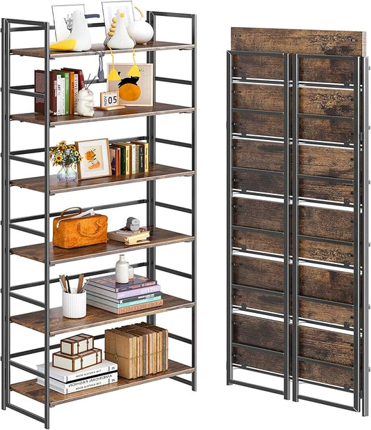 4NM No Assembly 6 Tiers Collapsible Book Shelves, 61.8" H Folding Bookshelf Bookcase Open Industrial Foldable Shelves for Bedroom, Living Room, Home Office - Rustic Brown Black