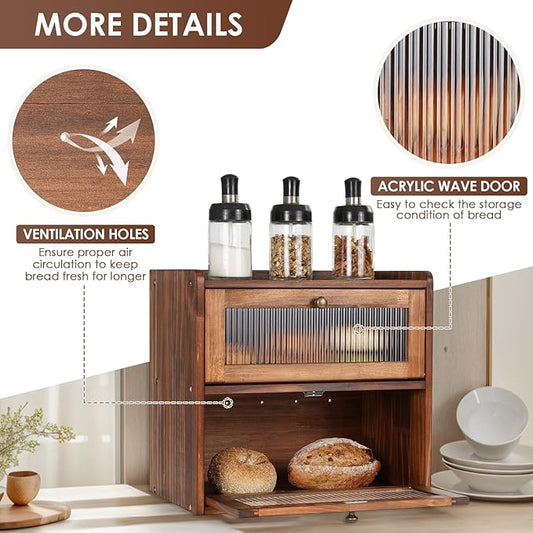 Sunhoo Bread Box for Kitchen Countertop Wooden Bread Storage Container Bin 2 Layer Breadbox Holder Large Capacity Keeper Vintage Farmhouse Food Organizer Pantry Shelf Acrylic Window (Brown)