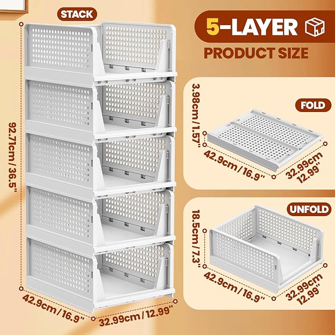 Mavivegue 4 Pack Stackable Closet Storage, Plastic Drawer Basket,Closet Organizers Storage Box for Cupboard,Bedroom, Kitchen, Bathroom, Office White