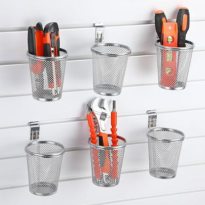 6 Set Slatwall Cups with Hook Loops, Mesh Steel Slatwall Tool Holder Bin Cups Pencil Holder Metal Slat Wall Organizer Accesories for Craft Garage Workshop Office Storage(Medium,Silver)