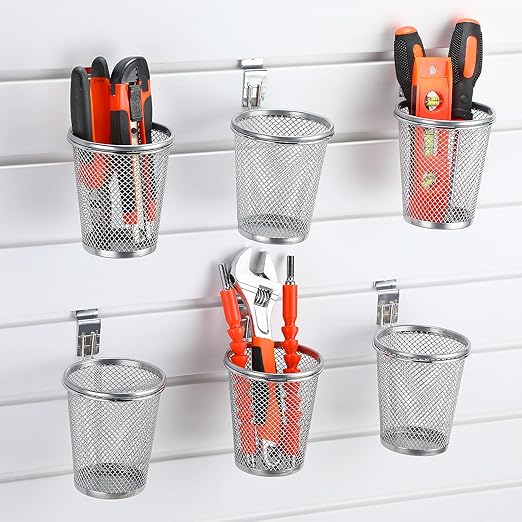 6 Set Slatwall Cups with Hook Loops, Mesh Steel Slatwall Tool Holder Bin Cups Pencil Holder Metal Slat Wall Organizer Accesories for Craft Garage Workshop Office Storage(Medium,Silver)