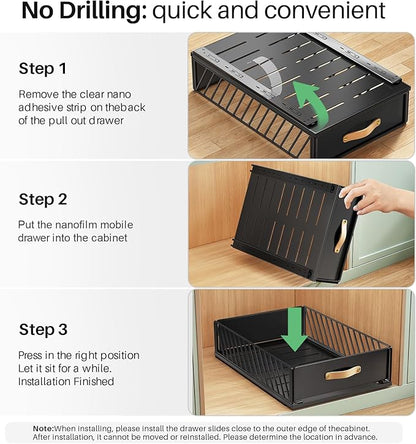 Pull out Cabinet Organizer Fixed with Adhesive Nano Film,Heavy Duty Slide out Pantry Shelves Drawer Storage,Sliding Mesh Cabinet Basket with Handle for Kitchen, Bathroom,Home, 15.8"W X 21"D X6.2"H