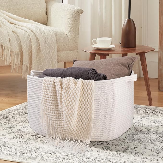 White Storage Baskets for Organizing, Toy Basket Storage Kids, Nursery Cotton Rope Baskets for Living Room, Deorative Organizer Bin Box (White)