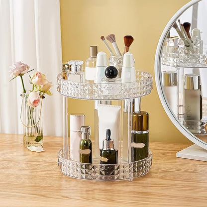 Xonusin 360° Rotating Makeup Organizer, 2 Tier Large Perfume Organizers with Portable Handle for Vanity Bathroom Countertop, Bathroom Counter Organizer for Cosmetics Skincare Perfume