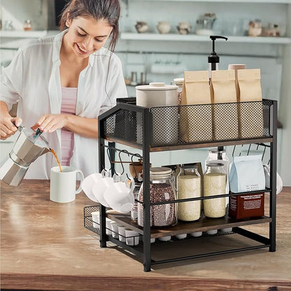 Coffee Bar Organizer - Countertop Coffee Station, 42 K Cup holder Storage Basket with Drawer and Hooks for Syrup, Cups, Stirrer, Condiment, Tea Organizer, Black and Brown