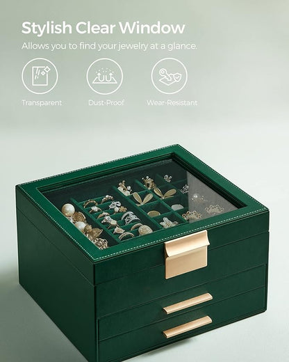 SONGMICS Jewelry Box Organizer with Glass Lid, 3-Layer Jewelry Storage, with 2 Drawers, Modern Style, 8 x 9.1 x 5.3 Inches, Forest Green and Gold Color UJBC239C01