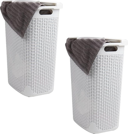 Mind Reader Slim Laundry Hamper with Lid, 60L Clothes Baskets, Premium Wicker Design, Plastic, 2-Pack, White
