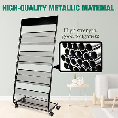 Floor Magazine Rack Brochure Display Stand 4-Layer With Wheels And Top Billboard, Newspaper Magazine Holder High-Hardness For Office Exhibitions, Black (57.5''*25''*13.2'')