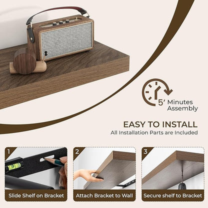 RICHFOCUS 16Inch Floating Shelves for Wall 2 Pack Shelves for Bedroom|Kitchen|Bathroom Wall Mounted Rustic Wood Floating Shelf with Invisible Brackets for Books|Storage|Decor, Walnut