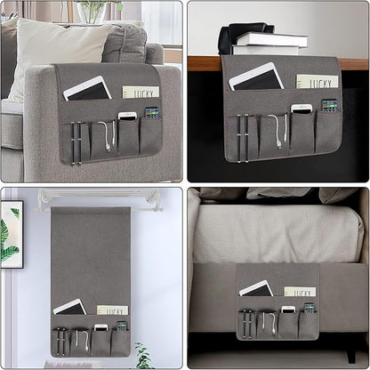 NB Sofa Armrest Organize remote holder bedside caddy organizer with 5 pockets，non-slip couch remote control holder couch armchair caddy accessories (Dark Grey, 35''x18'')