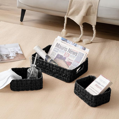 GRANNY SAYS Wicker Baskets for Organizing, Wicker Storage Basket for Shlef, Woven Baskets Oraganizer, Waterproof Vanity Basket for Towel, Home Organization, Black, 3-Pack