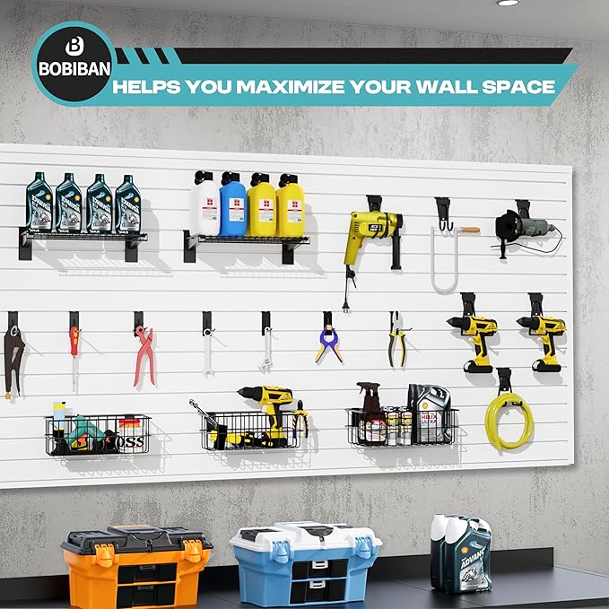 24PCS Slatwall Accessories Set, Includes Metal Slatwall Baskets, Shelves and Hooks, Heavy Duty Slat Wall Organizer Kit for Shops, Garage and Room Storage (Black,24pcs)