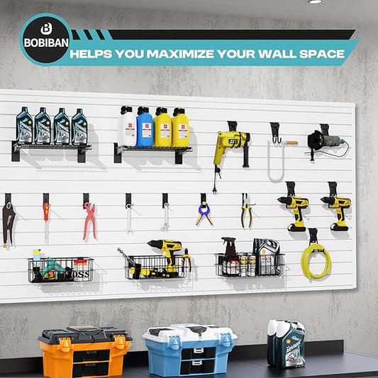 24PCS Slatwall Accessories Set, Includes Metal Slatwall Baskets, Shelves and Hooks, Heavy Duty Slat Wall Organizer Kit for Shops, Garage and Room Storage (Black,24pcs)