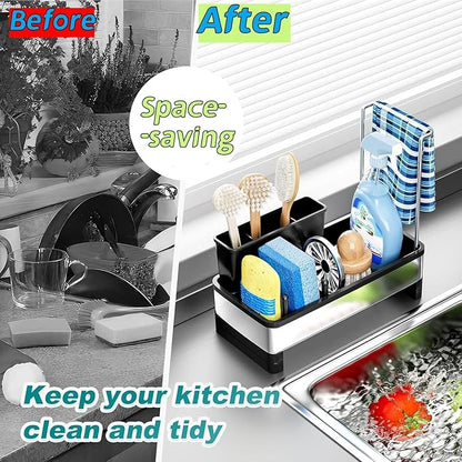 Sink Caddy Organizer with High Brush Holder Kitchen Sponge Holder for Sink with Quick Drain Tray & Detachable Towel Rack, Rustproof Kitchen Countertop Organizer for Sponge Soap Dispenser (Black)