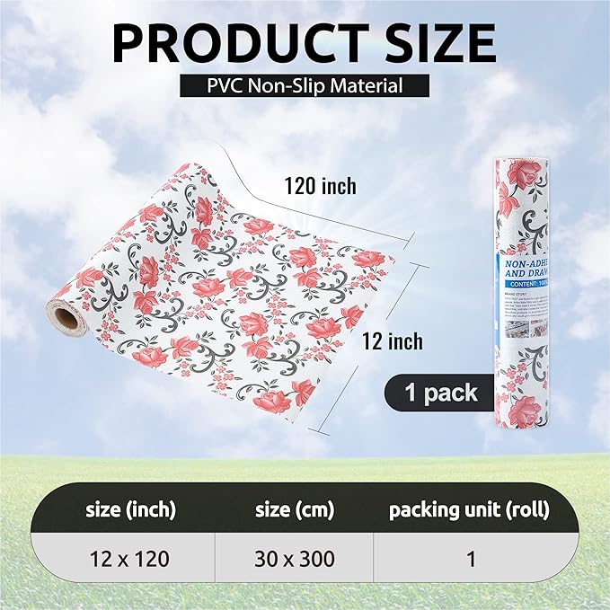 FIFTY FEET 12X120 Inch Shelf Liner for Kitchen Cabinets, PVC Drawer Liner for Dresser Non-Slip Bathroom, Non-Adhesive Cabinet Liner Washable (Red Floral)(1 Roll)