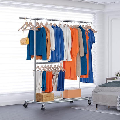 HOKEEPER Clothes Rack, Clothing Rack for Hanging Clothes Heavy Duty Garment Rack with Wheels Commercial Portable Freestanding Closet Rack with Shelves for Bedroom, Living Room, Laundry, Balcony, White