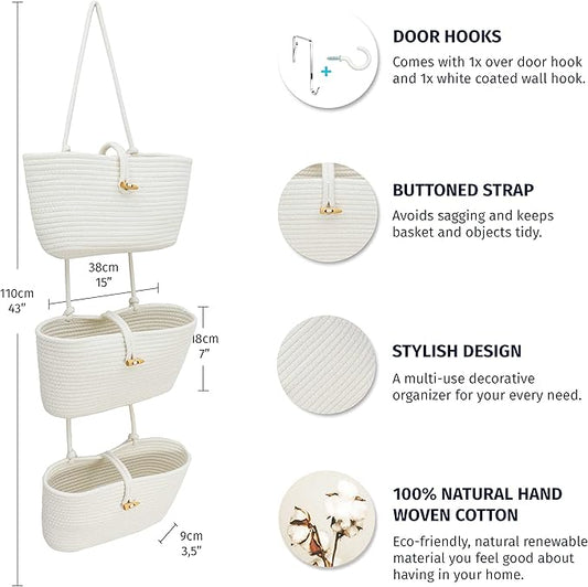 OrganiHaus White 3-Tier Wall Hanging Baskets for Organizing, Hanging Storage Basket, Over the Door Basket Organizer, Wall Mounted Basket for Nursery Organization, Hanging Baskets for Nursery Decor