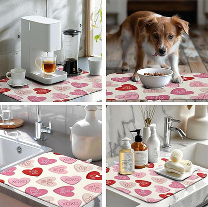 Wnoesat Valentine Love Heart Dish Drying Mat for Kitchen Counter 18x24 Inch Valentines Day Dish Mats Absorbent Microfiber Dish Draining Mat Reversible Dish Drying Rack Mat with Hanging Loop