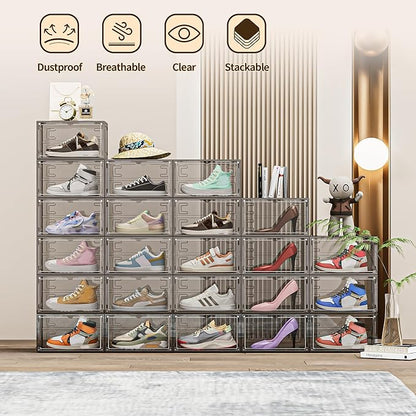 TOFWOF 6 Pack XX Large Shoe Organizer, Heavy-Duty Hard Thicken Plastic Clear Stackable Shoe Storage Box Organizer for Closet, Space-Saving Shoe Rack Display Case Bin Containers for Sneakers, Grey