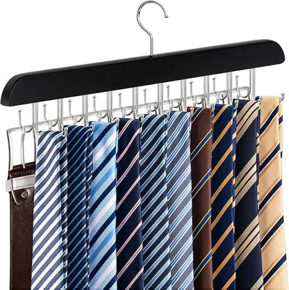 2-in-1 Belt and Tie Hanger for Closet, Upgraded Tie Rack with 20 Foldable Non-Slip Hooks, Max 30 Belts and 30 Ties, Space-Saving Wooden Tie and Belt Organizer for Camisoles, Bras, Scarves