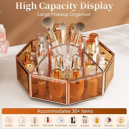 CoralHouse 360° Rotating Makeup Organizer Spinning Vanity Organizer with Makeup Brush Holder for Countertop, Bathroom Storage, Skincare, Perfume & Cosmetic Organizer for Vanity Amber