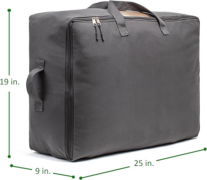 Soft Canvas Storage Bags with Zipper. Thick Breathable, 1pc King/Queen Comforter Organizer. Four Carrying Handles and Window. Large 25x19x9in Bag for Sheets Blankets Bedding Pillows, Clothes (Grey)