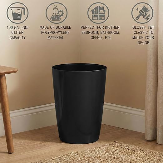 Mini Waste Basket - Pack of 2 Durable Small Plastic Garbage Trash Can Bin - Lidless Open-Top, Slim Profile for Compact Spaces - Suitable for Home, Bathroom, Office, Bedroom & More, Black