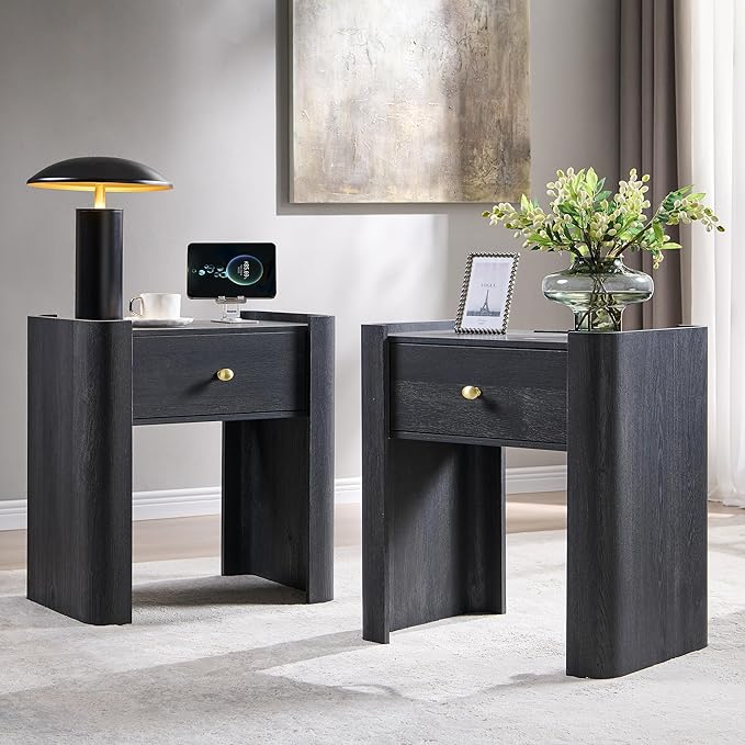 IFGET 23.6" Tall Modern Nightstand Set of 2, 22" Wide Curved Bedside Table with Charging Station, Wooden Night Stand with 1 Storage Drawer, Large End Table for Bedroom, Living Room, Dark Grey