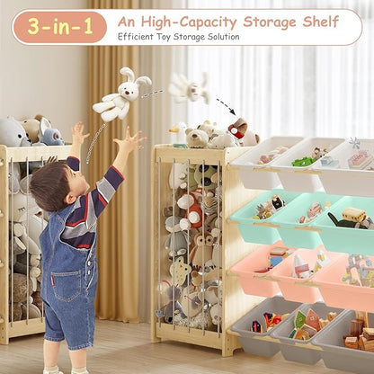 Large Toy Storage Organizer, Wooden Stuffed Animal Storage & 12-Bins Toy Organizer, Double-Sided Plush Toy Holder Featuring Thicker Ropes, Space Save Playroom Nursery Bedroom Storage, Multi